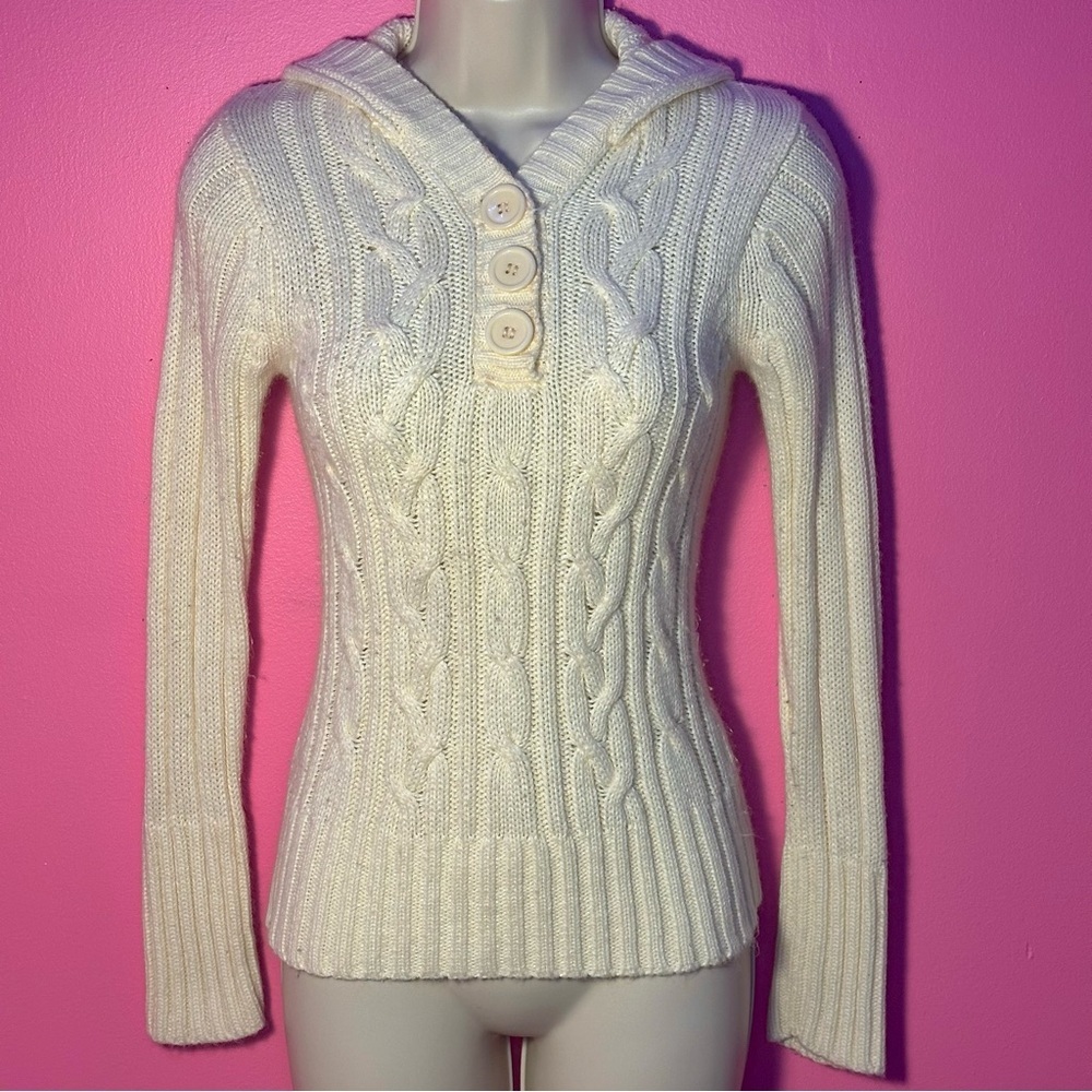 Girls Cable Knit Chunky Sweater - Hooded Sweater - Size Medium - Cream